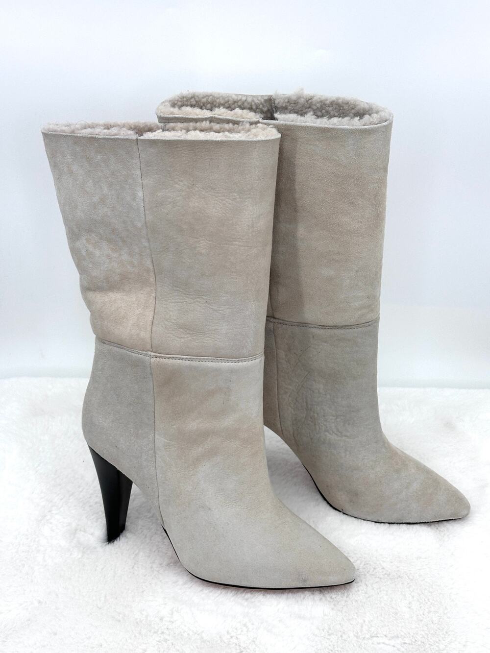 IRO Grace Suede Shearling Lined Boots Beige Pointed Toe Heel Sz 39 NWT